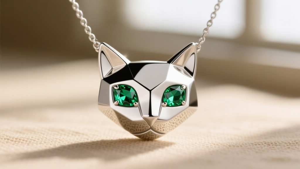 Macro shot of minimalist geometric feline head necklace in rhodium-plated sterling silver featuring two emerald-cut tsavorite eyes.