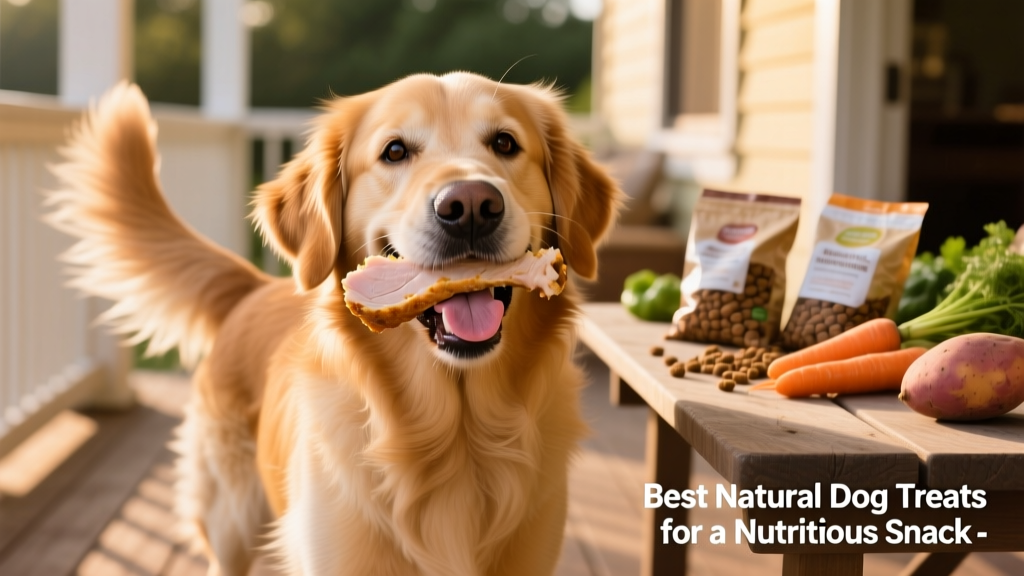 A happy dog mid-wag, holding a natural treat in its mouth