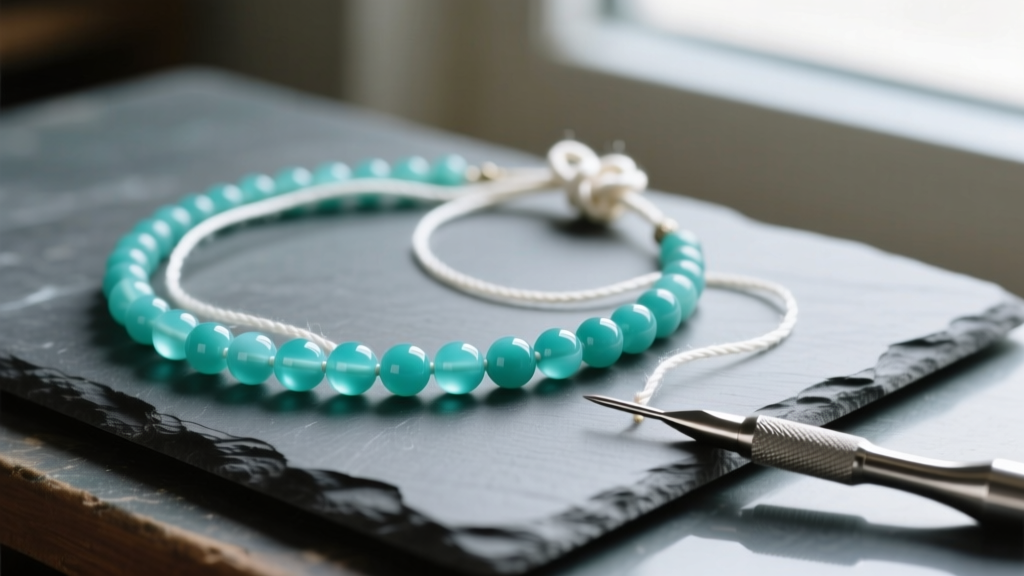 Close-up of a partially strung aquamarine beaded necklace on a slate workbench next to a steel beading awl and white silk thread.