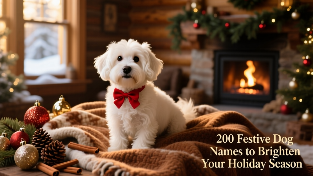 A fluffy white dog with red bow perched on a cozy holiday blanket, surrounded by ornaments and pinecones