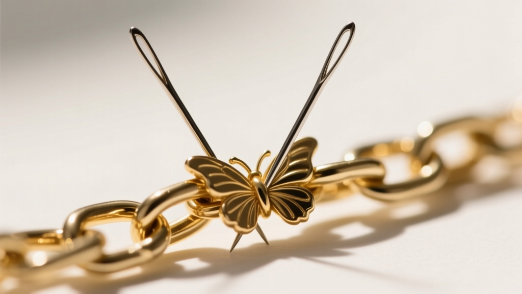 Two sewing pins carefully working through a tight knot in a fine gold-plated butterfly chain, illuminated by bright light.