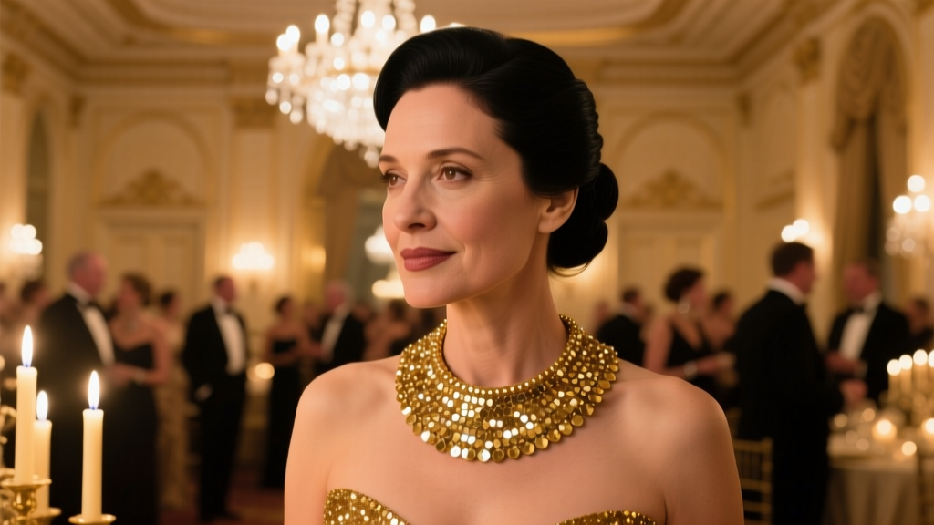 Elegant woman wearing an 18k gold metal sequin paillette collar necklace catching warm candlelight at a formal evening gala event.