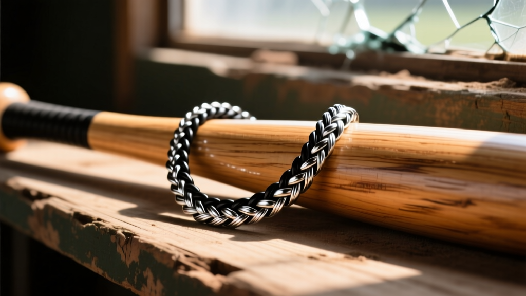 Macro shot of a braided black and silver titanium performance necklace resting on a wooden baseball bat in a sunlit dugout