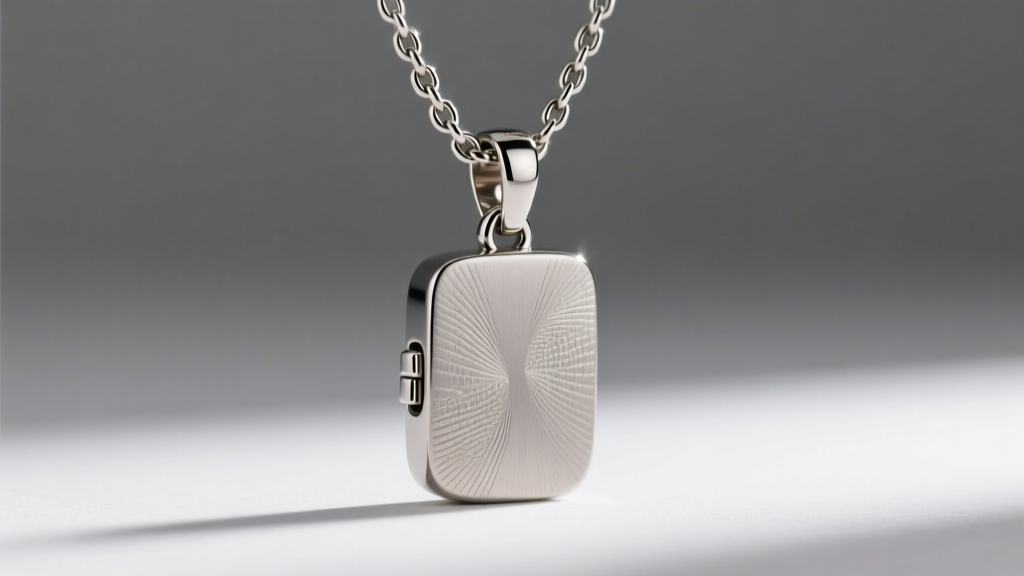 Macro shot of a matte titanium pendant on a polished steel chain, showing surface textures and a secure lobster clasp mechanism.