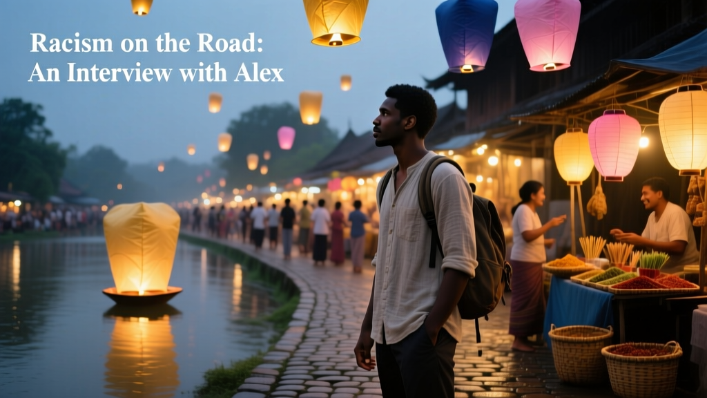 Alex, a black male traveler, at the lantern festival in Southeast Asia