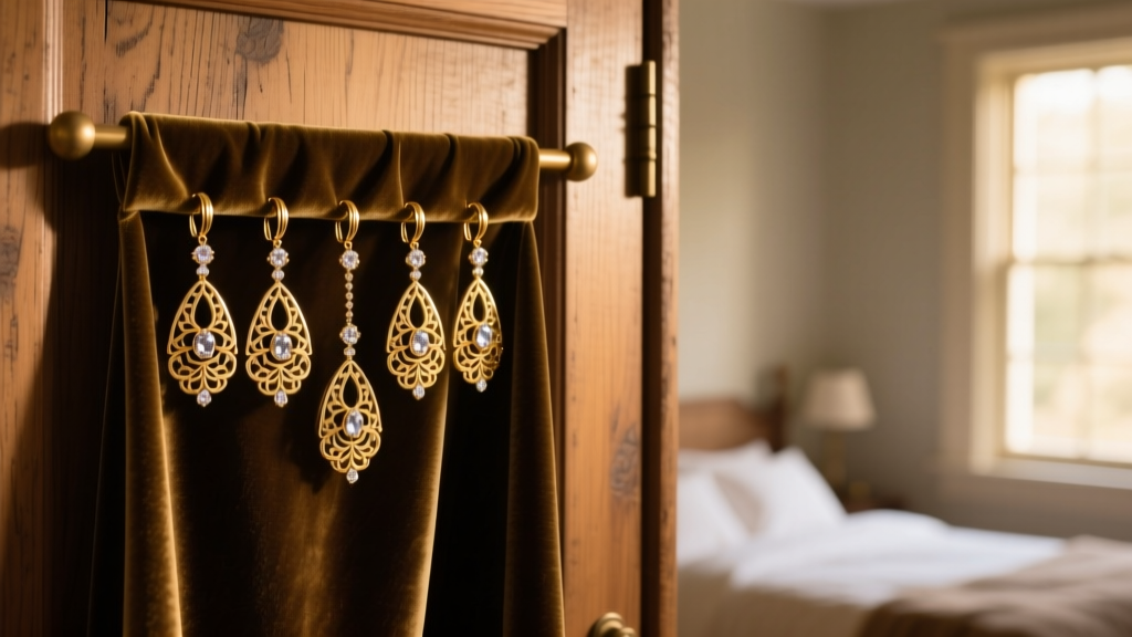 Velvet hanging earring holder with 18k gold drop earrings on a wooden closet door, lit by soft, warm ambient bedroom lighting.