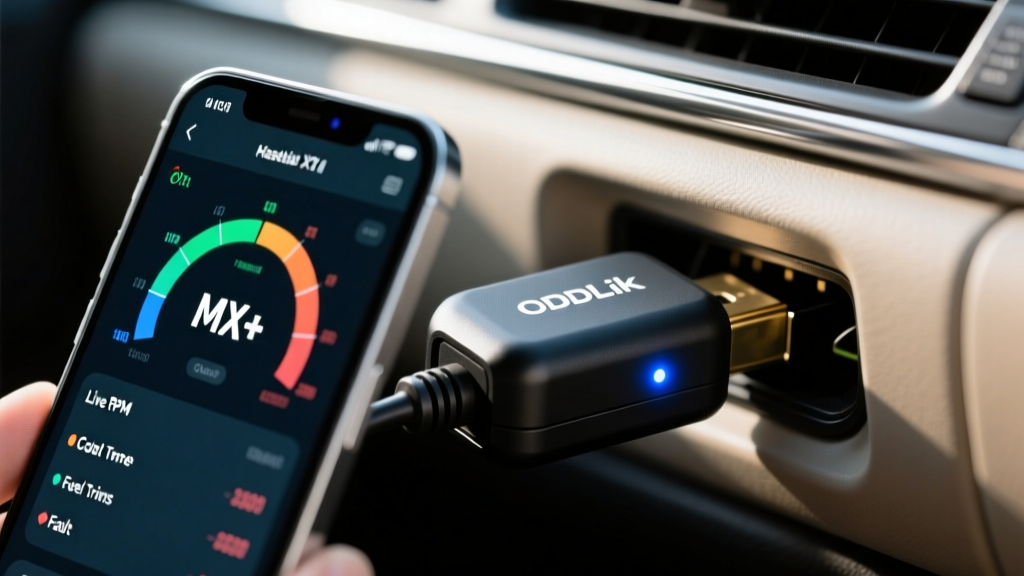 Close-up of an OBDLink MX+ scanner plugged into an OBD2 port, with a smartphone displaying real-time engine telemetry data.