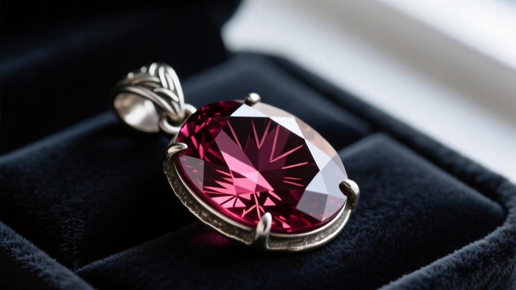 Faceted almandine garnet pendant in oxidized silver on dark velvet, showing a deep maroon hue and natural needle-like inclusions