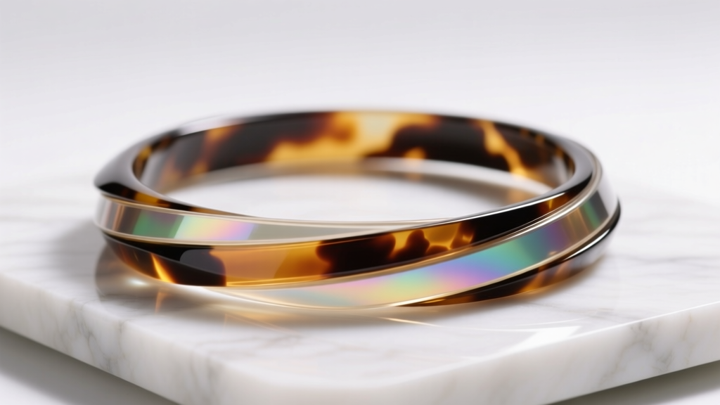 Macro shot of a translucent tortoiseshell acetate chunky choker necklace resting on white marble under soft natural lighting.
