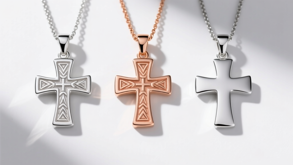 Three Greek cross pendants side-by-side comparing sterling silver, 14k rose gold, and platinum, showing distinct color tones