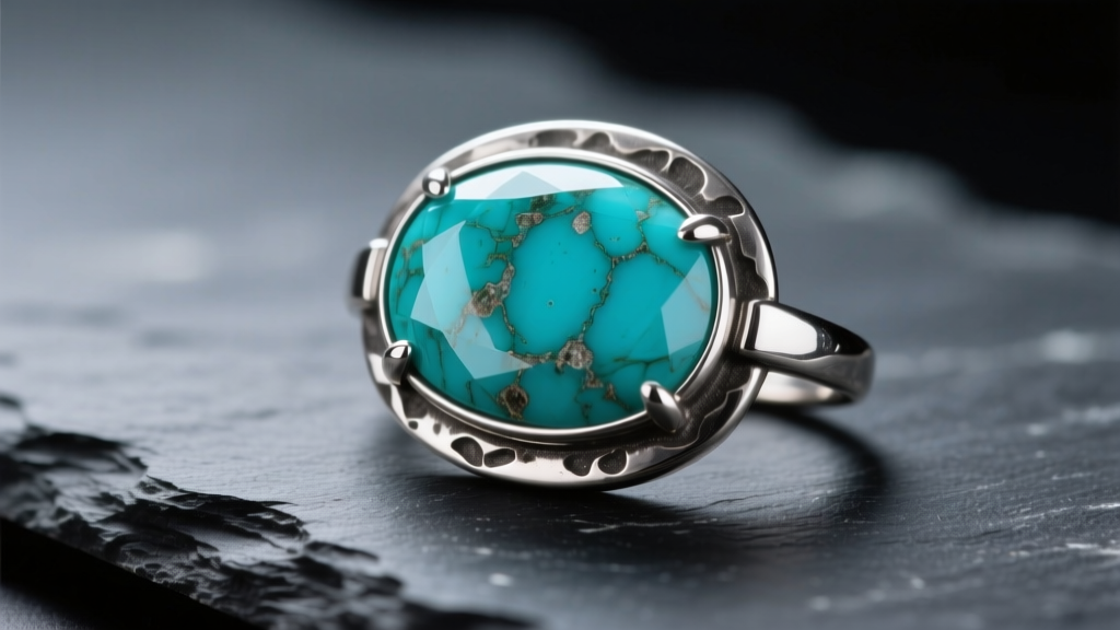 Macro shot of a natural turquoise cabochon set in oxidized sterling silver, resting on dark slate under soft studio lighting.