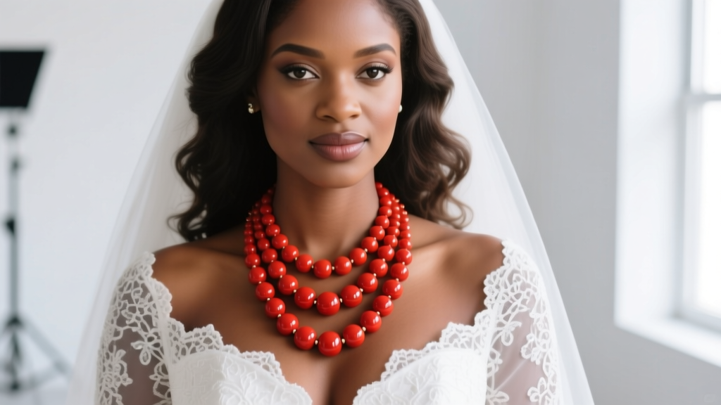 Close-up of a bride wearing a multi-strand Nigerian coral bead necklace with 10mm red beads against a white lace outfit.