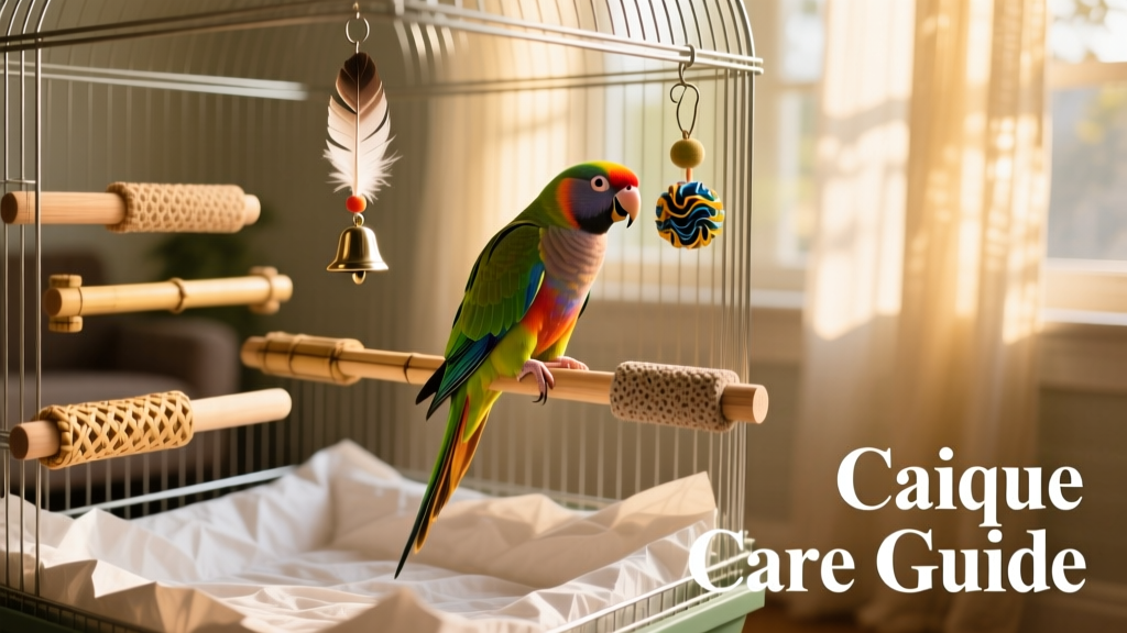 A well-appointed caique cage featuring multiple perches of varying textures, hanging toys, and clean paper-based bedding