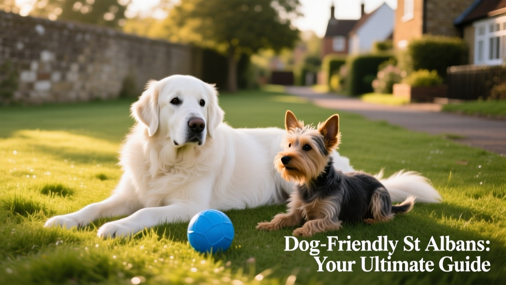 A large white dog and a small terrier lying on a grassy lawn next to a blue ball