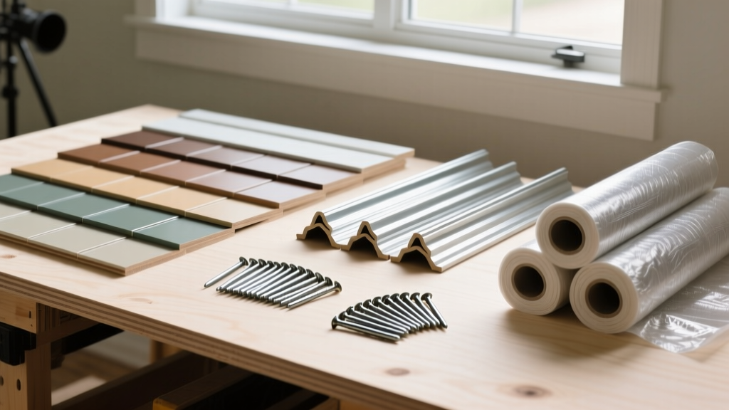 Organized layout of vinyl siding panels, J-channel trims, galvanized roofing nails, and house wrap rolls on a plywood workbench