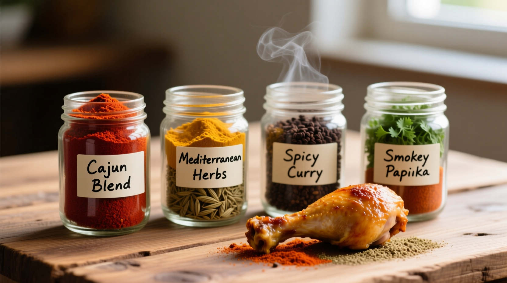 Homemade spice mixtures in glass jars with chicken