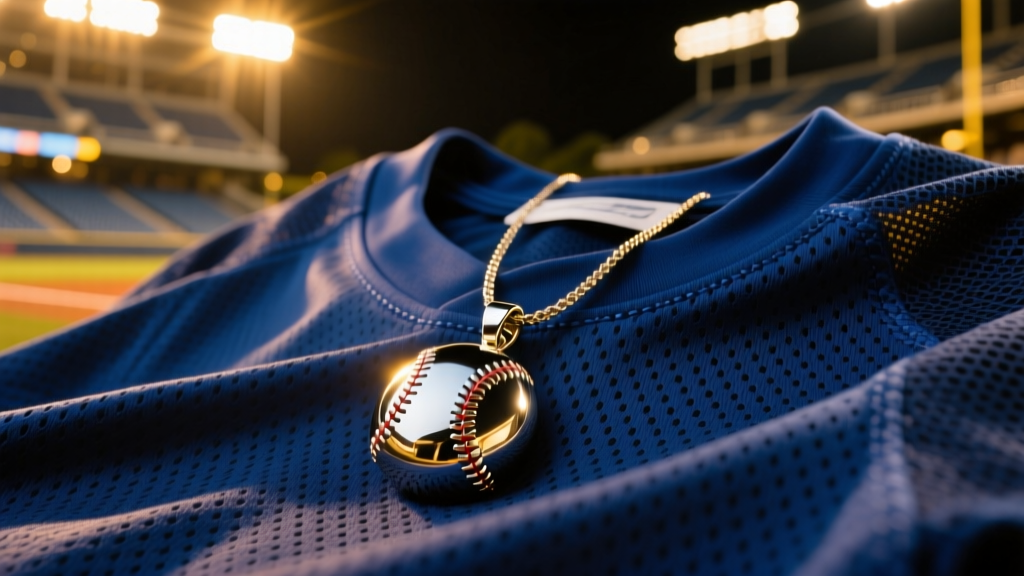 Polished steel baseball pitcher pendant resting on a blue mesh sports jersey under bright and warm stadium lighting at night.