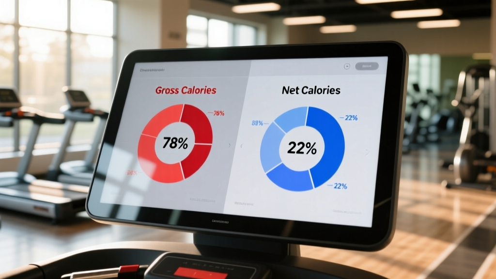 Side-by-side infographic showing gross versus net calorie calculation on a treadmill display panel with percentage breakdown