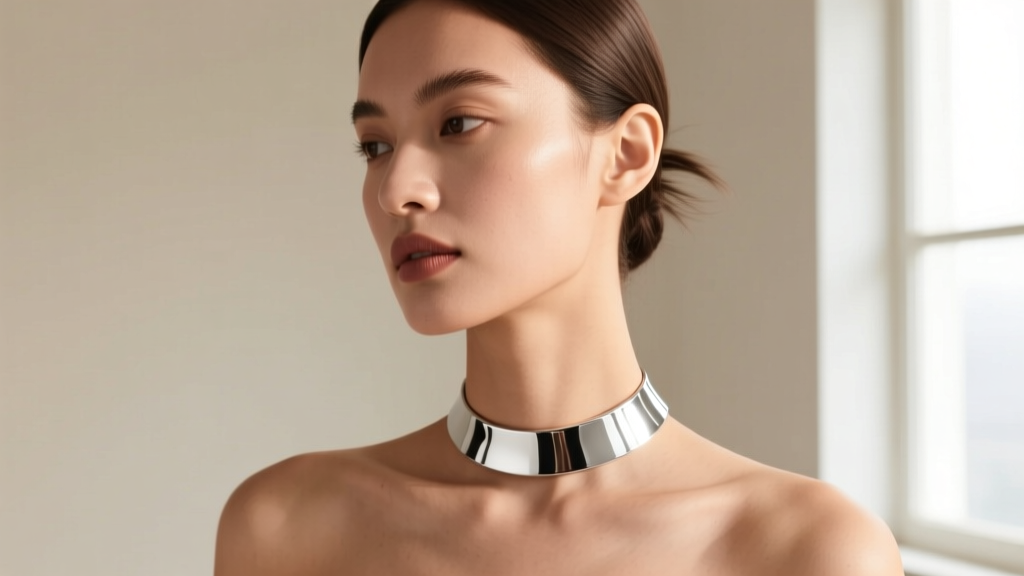 Model wearing a 15-inch rhodium-plated sterling silver choker, showing the bright finish resting gently on her bare collarbone