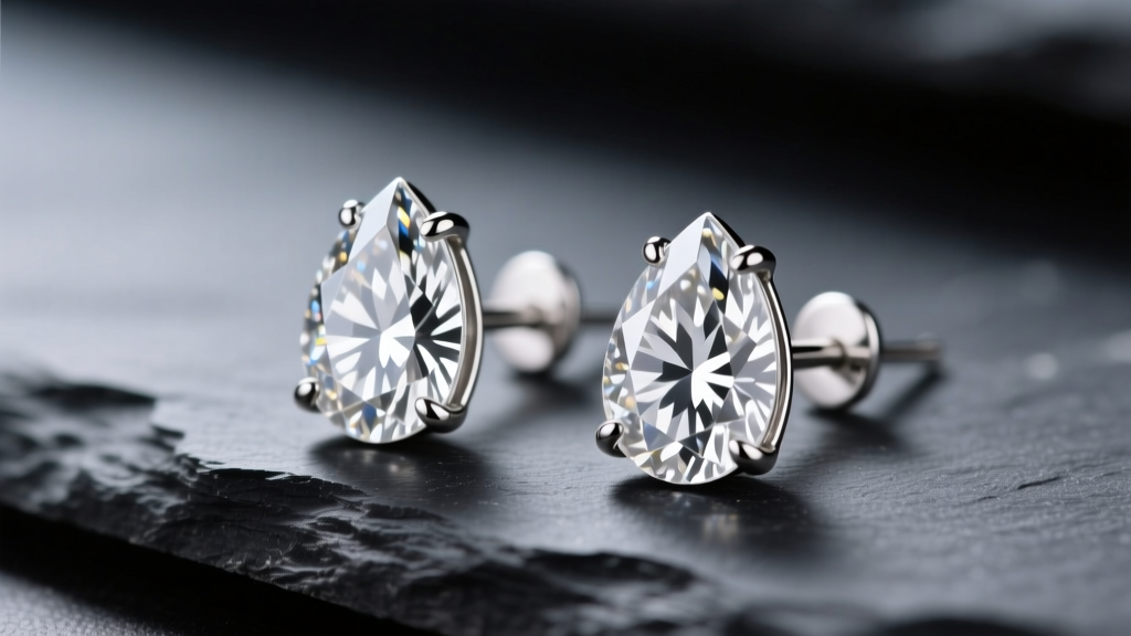 Macro shot of pear cut diamond stud earrings in platinum on dark slate, showing the teardrop shape and V-prong setting.