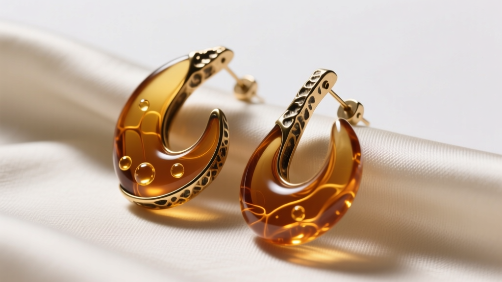 Macro shot of sculptural Rachel Comey earrings featuring translucent amber resin and raw brass hardware resting on raw silk fabric