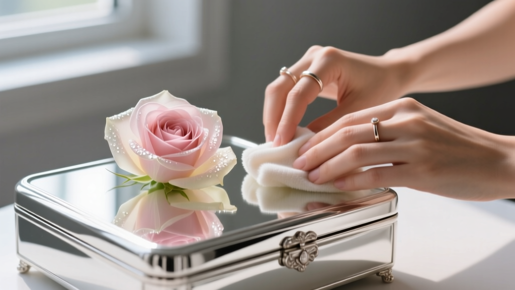 Hands using a microfiber cloth and silver polish to gently buff delicate rose petals on a silver-plated jewelry box lid