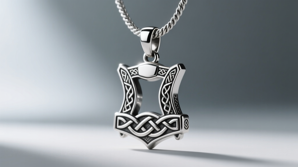Macro shot of sterling silver Viking Mjolnir pendant with knotwork hanging from a 4mm rope chain against a grey backdrop.