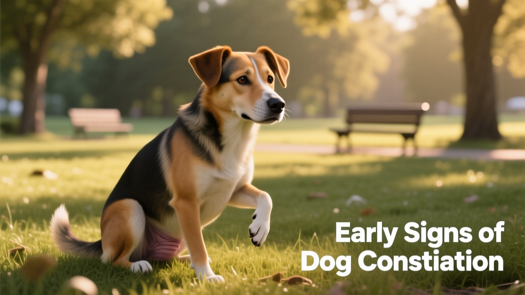 Dog gently straining while squatting outdoors, showing early signs of constipation