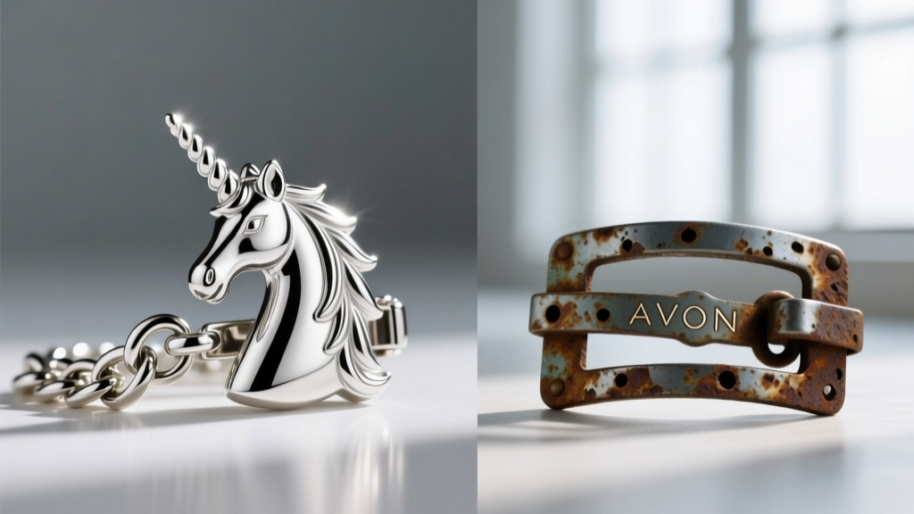 Side-by-side view of a pristine Avon unicorn chain clasp and a corroded base metal clasp requiring professional restoration