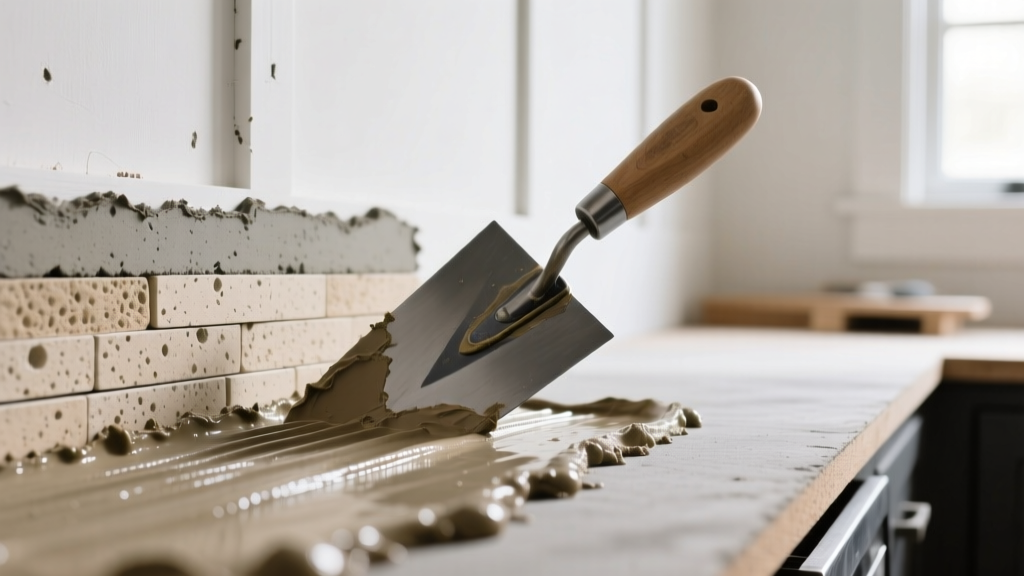 Notched trowel spreading polymer-modified thinset mortar over cement board for a stacked stone veneer kitchen backsplash installation
