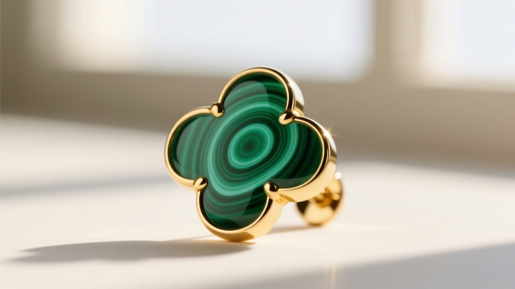 Macro shot of a malachite inlay clover stud earring showing natural green banding patterns beside a polished 18k gold bezel edge