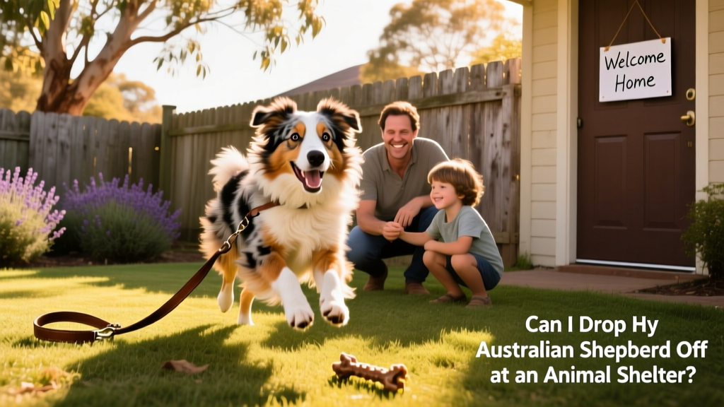 Happy Australian Shepherd playing in a fenced backyard with new family