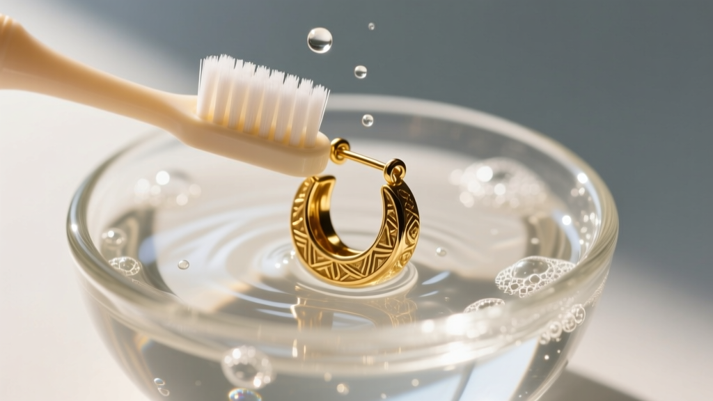 A soft baby toothbrush gently scrubbing a gold-plated brass earring in a small glass bowl of soapy distilled water, macro lens.