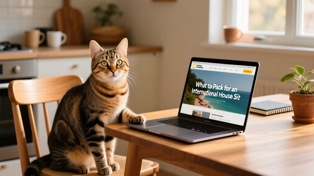 A relaxed tabby cat sitting on a dining chair beside a laptop, gazing curiously at the camera
