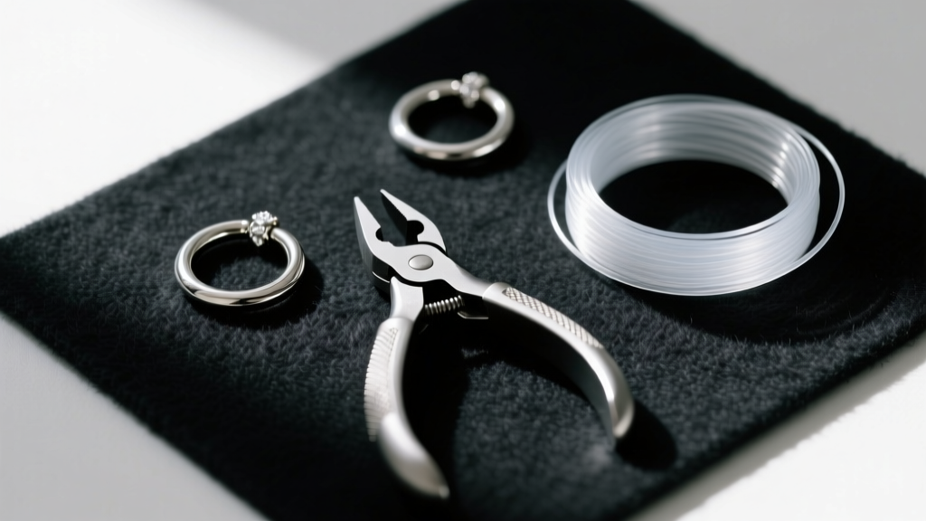 Jewelry tools including 20-gauge titanium jump rings, a crimp tool, and clear nylon wire arranged neatly on a dark felt work mat.