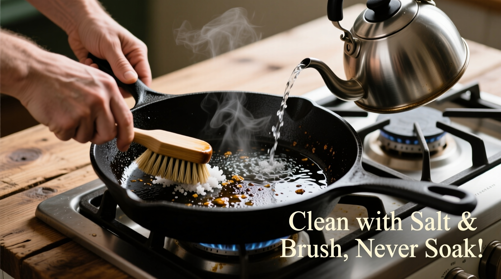 Proper cast iron skillet cleaning technique demonstration