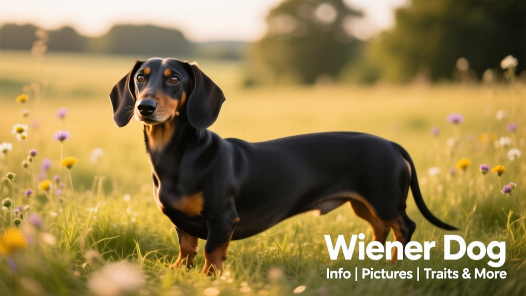 A sleek smooth-coated standard Dachshund standing alert in a grassy field