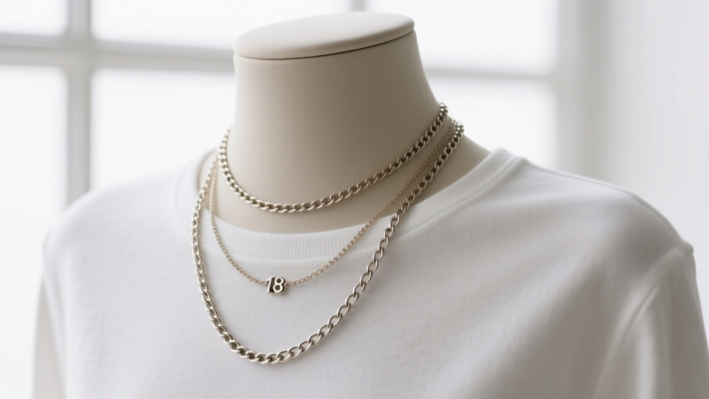 Photo showing three chain lengths on a bust, highlighting an 18-inch drop resting perfectly on a white cotton crew neckline.