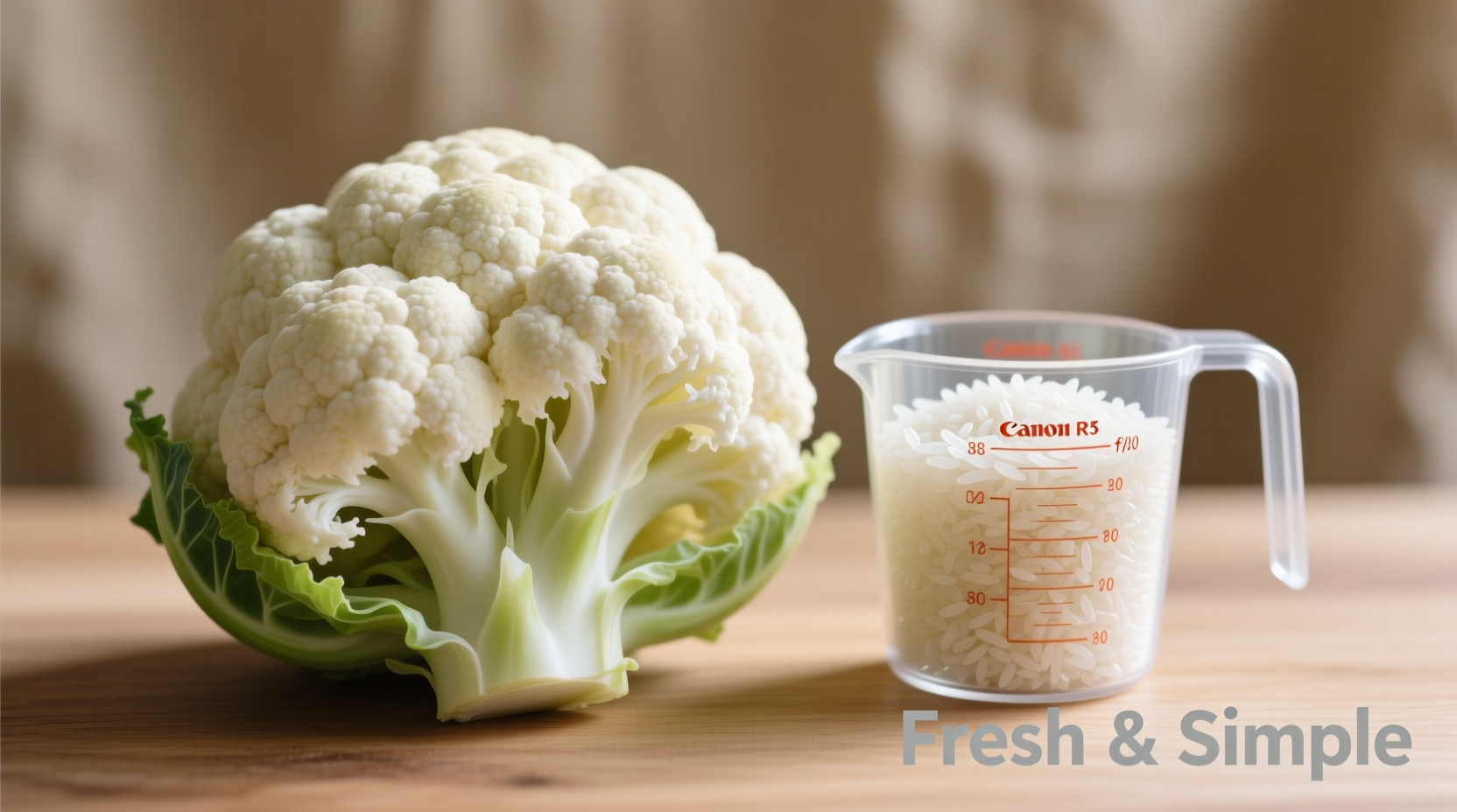 Cauliflower head next to measuring cup of rice