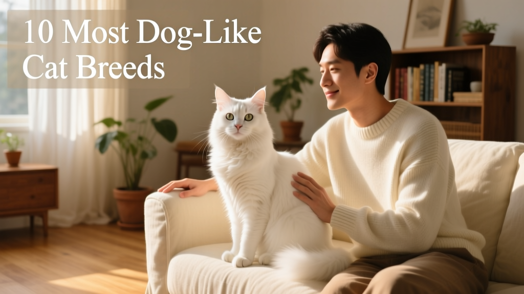 A sleek, white Turkish Angora cat sitting attentively beside its owner on a sunlit couch