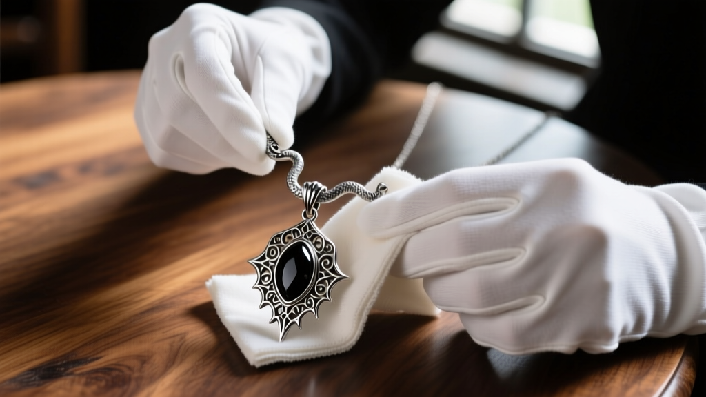 Hands in white cotton gloves gently polishing a silver vampire-inspired pendant necklace with a microfiber cloth on a wooden table