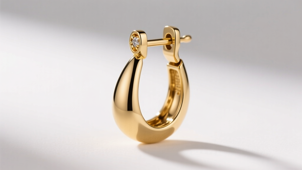 Side profile of a 14k gold teardrop earring featuring a secure leverback closure mechanism with a polished hinged snap clasp detail