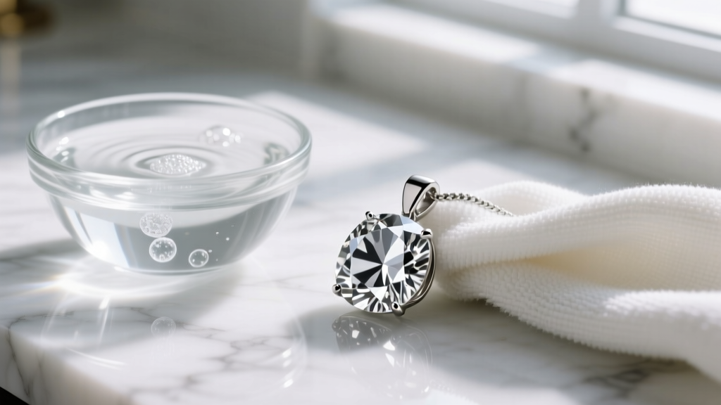Microfiber cloth wiping a silver cubic zirconia pendant, beside a glass bowl of mild soapy water on a white marble surface.