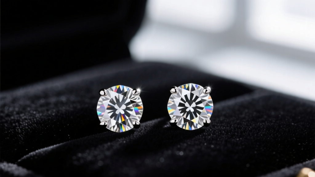 Macro shot of diamond stud earrings on dark velvet beside a jeweler's loupe and GIA certificate under warm, focused studio lighting