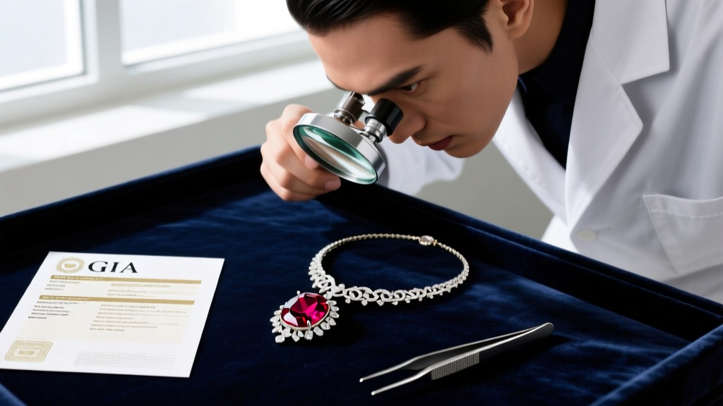 Jeweler using a loupe to inspect a vivid Burmese ruby pendant necklace, with a grading report and tweezers on dark velvet.
