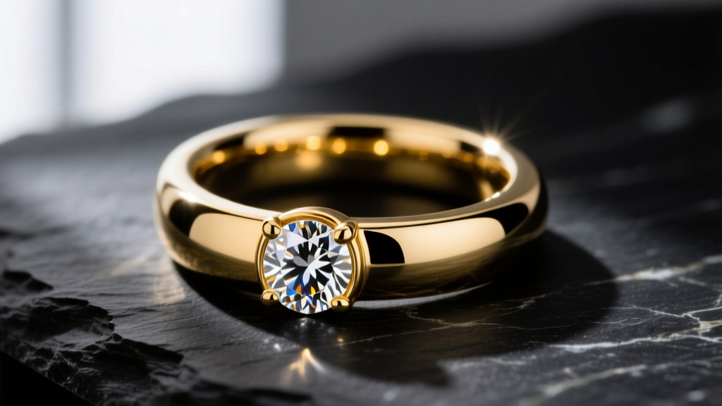 Macro photography of a mirror-polished 14k yellow gold rook clicker hoop with a bezel-set diamond resting on a dark slate surface
