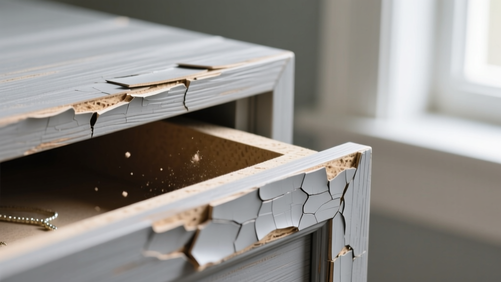 Close-up macro shot of peeling gray wood veneer over MDF particleboard on the corner of a budget jewelry armoire drawer edge.