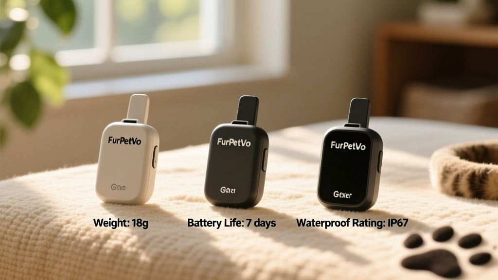 Side-by-side comparison of three FurPetVo GPS tracker models on a soft fabric surface, each labeled with key specs: weight, battery life, and waterproof rating