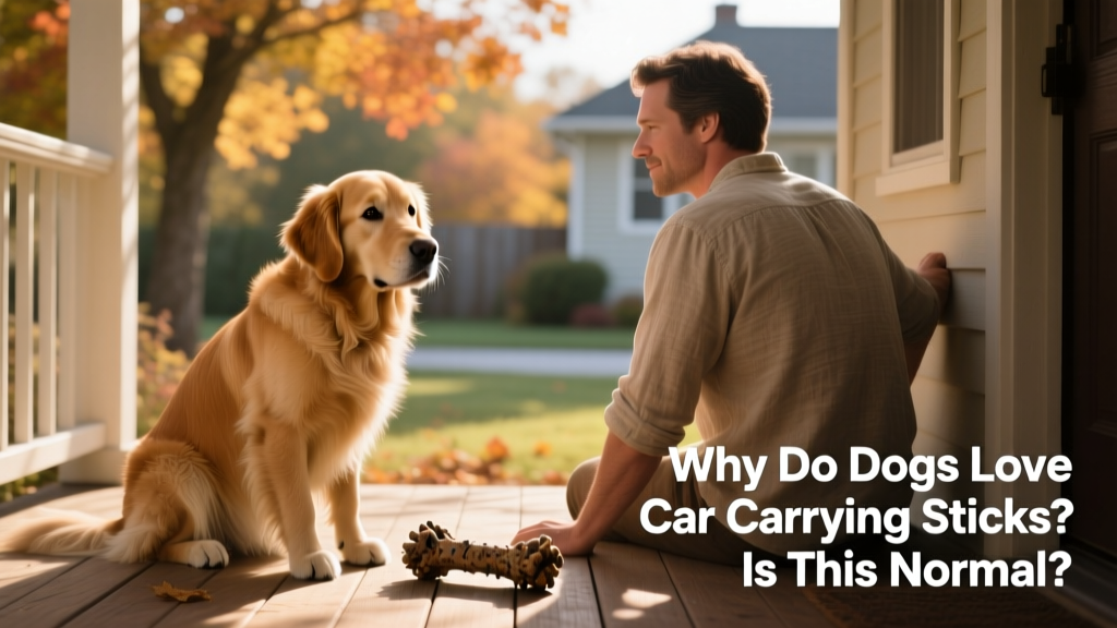 A calm, focused dog sitting beside its owner with a durable chew toy in front of them, looking attentive and relaxed