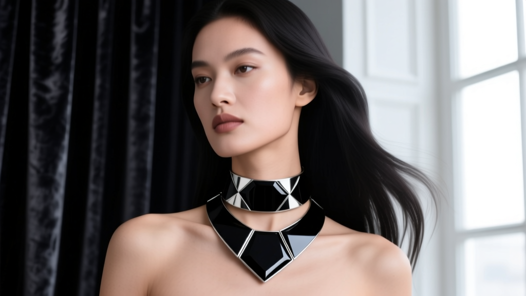 High-fashion editorial portrait of a model wearing a 14-inch matte black onyx and blackened silver choker necklace against velvet